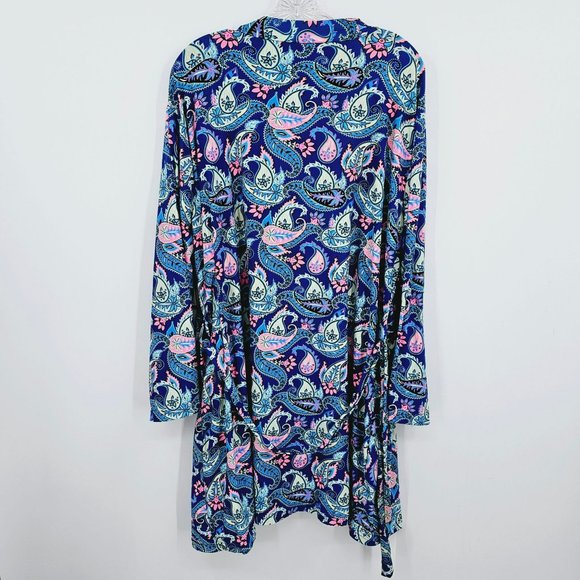 Bobbie Brooks Sleepwear Short Robe L Blue Pink Paisley Print Soft Tie Waist New - Picture 12 of 14